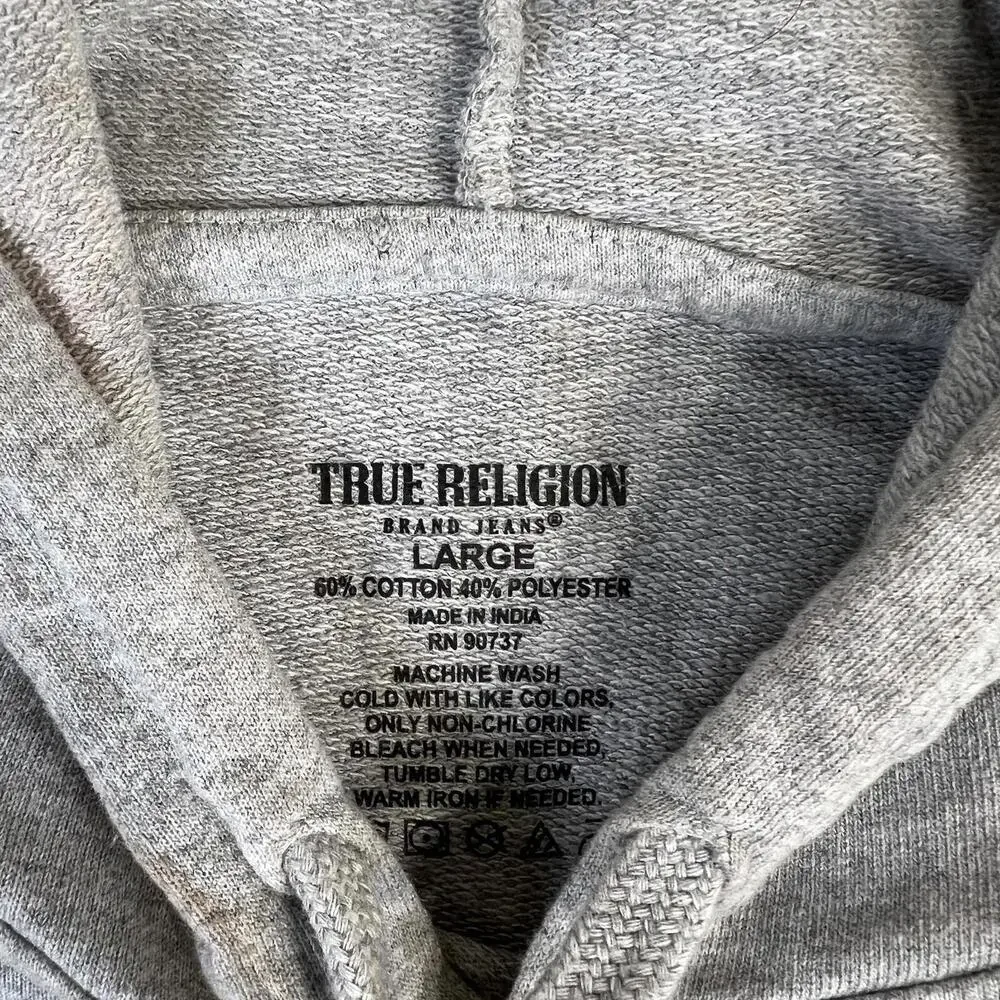 True Religion Logo Pullover Hoodie Men’s Large Gray Fleece Spell Out Horseshoe